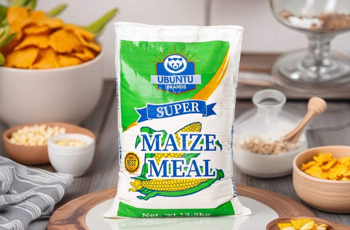 Packaged maize meal bag displayed on a wooden board with bowls of grain
