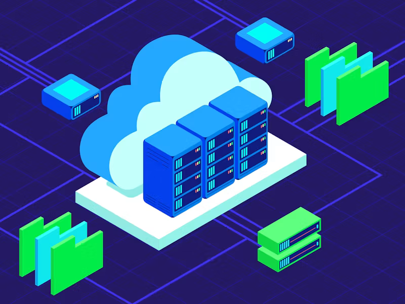 Isometric illustration of cloud servers and data storage